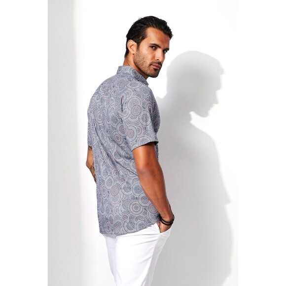 Desoto Short-Sleeved Sport Shirt in Cornflower Blue Mosaic-Tile Print Slim XL - Picture 3 of 11